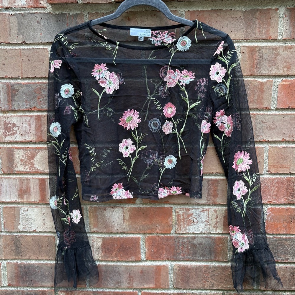 Nordstrom Mesh Sheer Floral Embroidered Long Sleeve XS Top 90s | Y2K